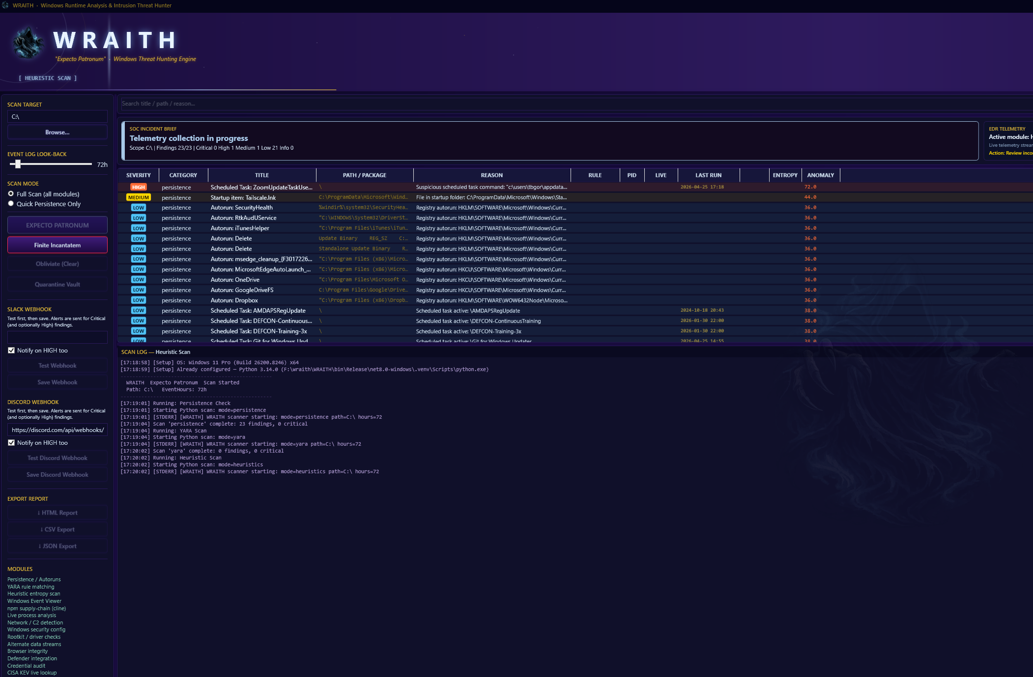 WRAITH dashboard during a live scan, showing the findings table and console output