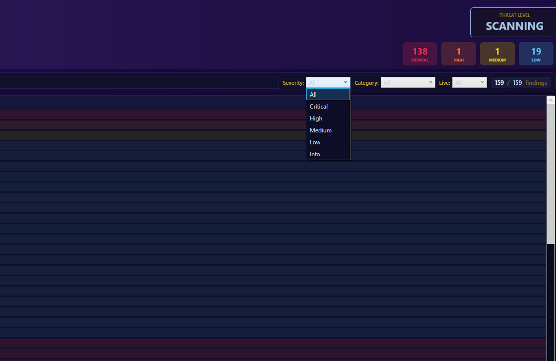 WRAITH severity filter dropdown with live finding counts