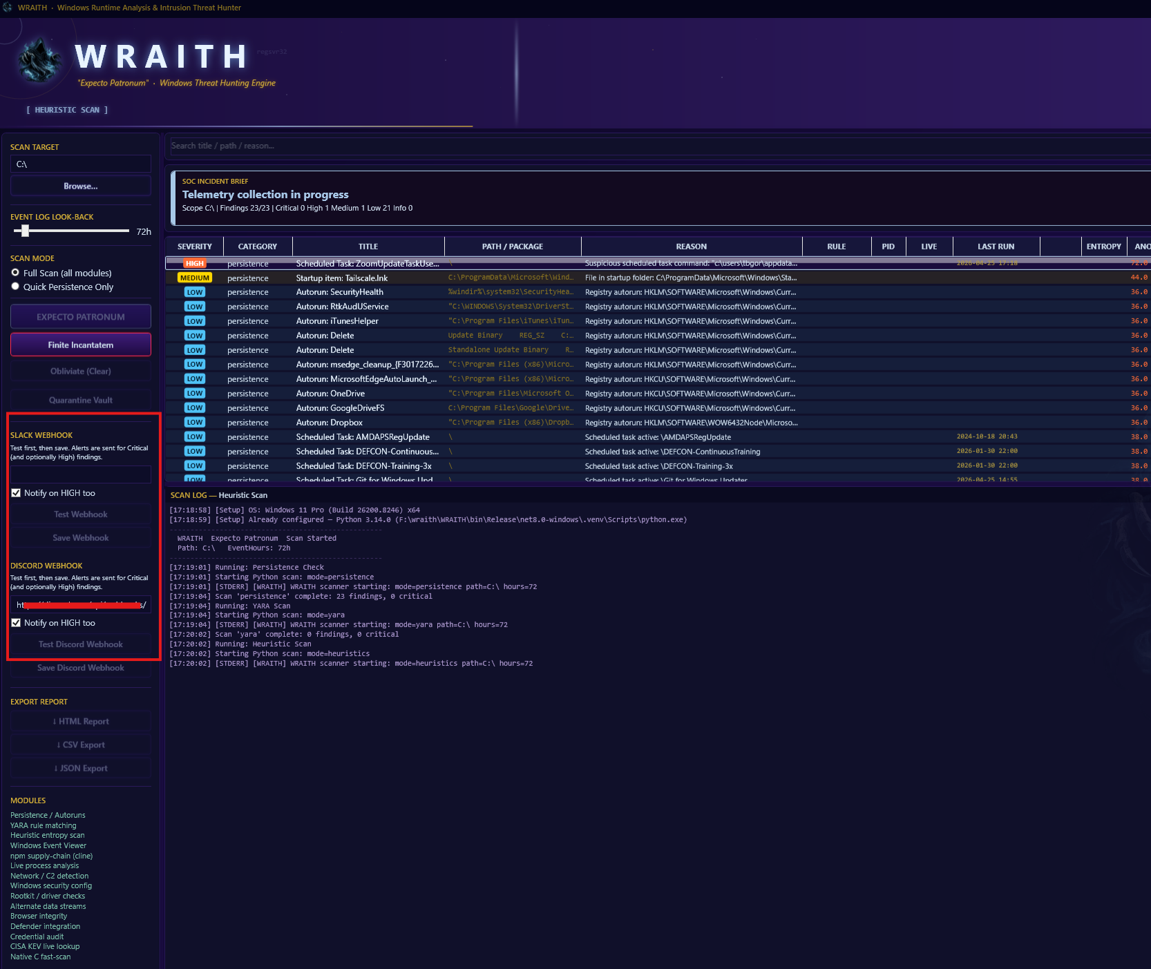 WRAITH SOC alert webhook configuration