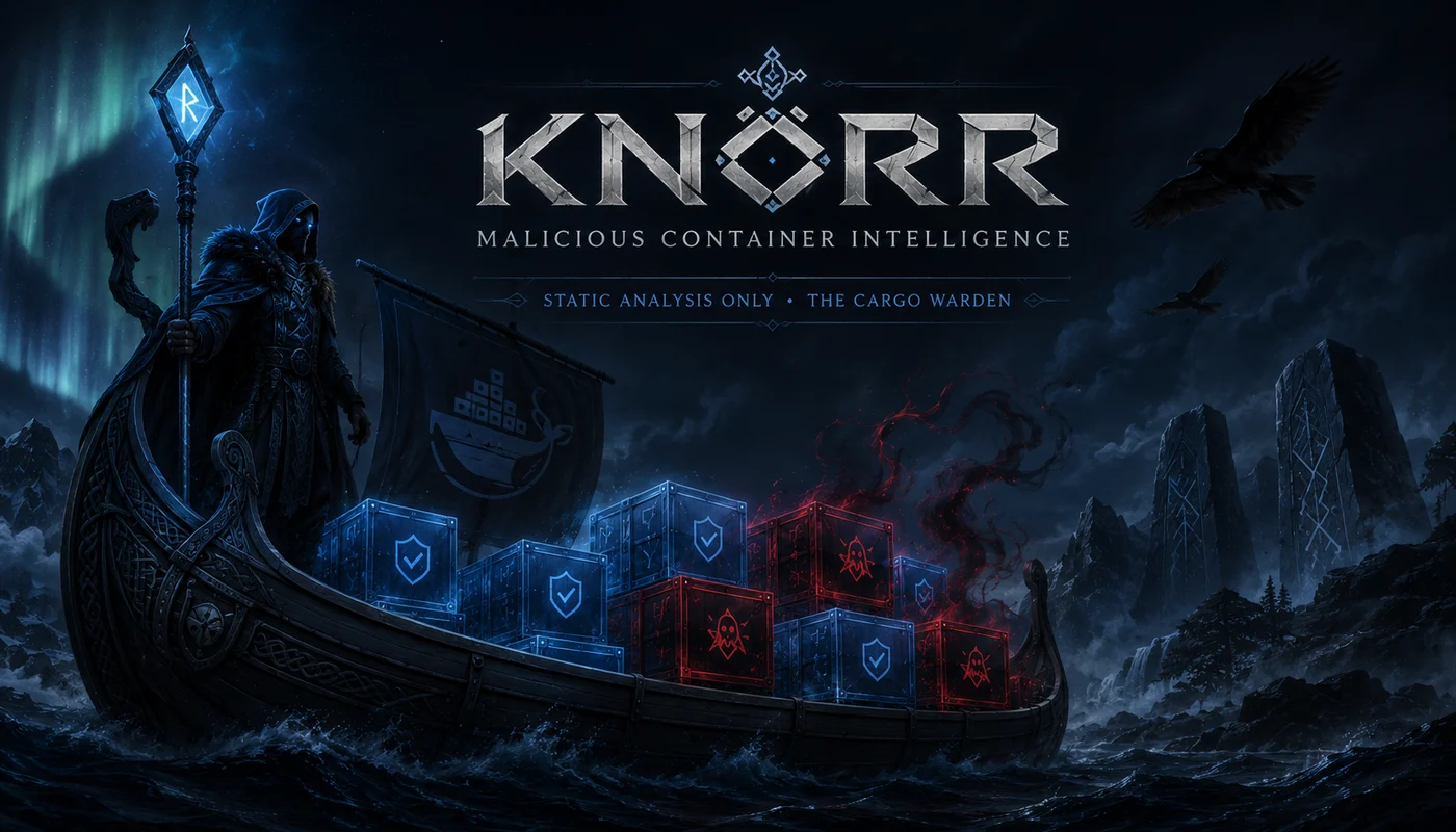 KNORR, the cargo warden, sailing a longship of glowing safe and malicious containers